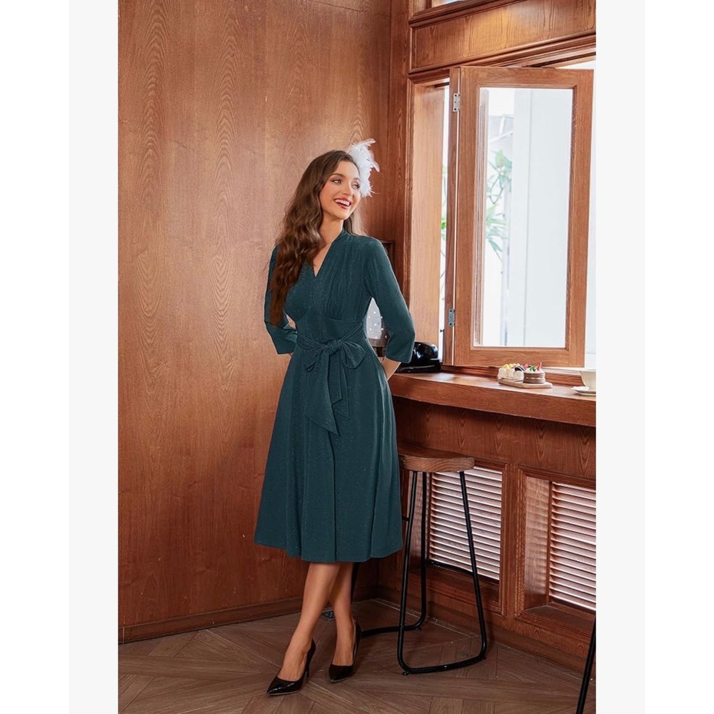 Belle Poque Teal Blue Metallic Shimmer V-Neck Midi Dress 3/4 Sleeve Size L